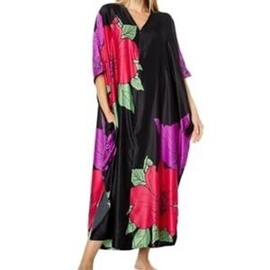 Natori Exotica Oversized Floral Print Caftan Dress Sz Large Loungewear Cover Up